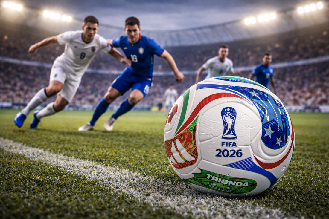 Balón del Mundial 2026 sobre cancha de fútbol profesional