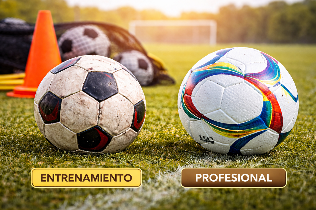 Balón profesional y balón de entrenamiento en cancha de fútbol